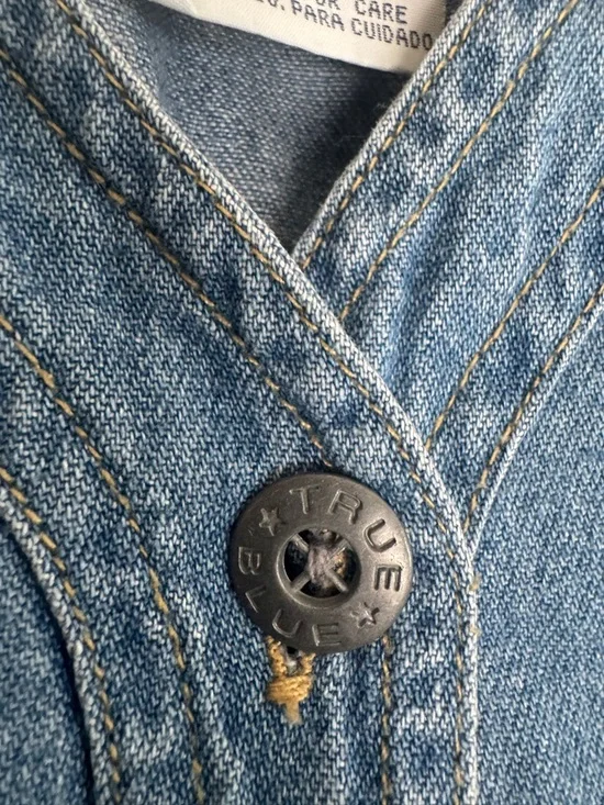 True Blue Vintage Denim Floral Wide Leg Jumpsuit Size L 90s Y2K Boho Cottagecore - Picture 8 of 11